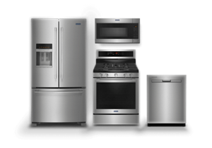A dishwasher, french door refrigerator, electric range and microwave