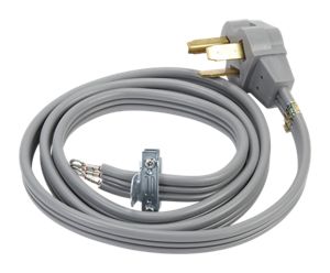 6' Gray Electric Dryer Power Cord with 30-amp, 3-Wire, right-angle plug, and adjustable strain relief bracket